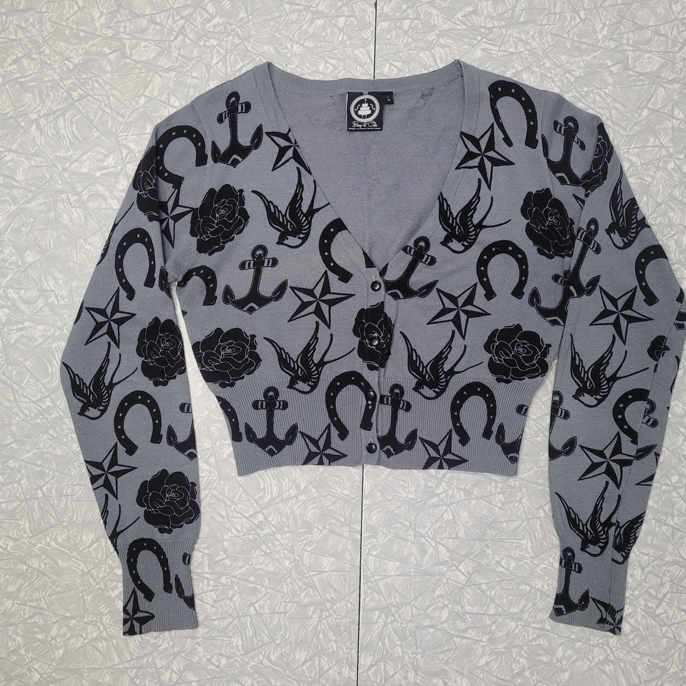 Gray Cardigan with Black Nautical Print
